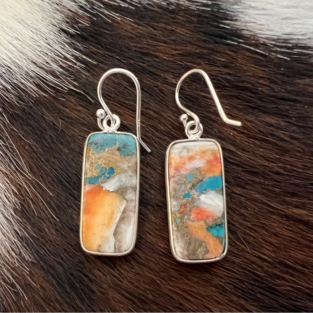 Spiny Oyster Turquoise Rectangle Dangle Earrings … - image 3